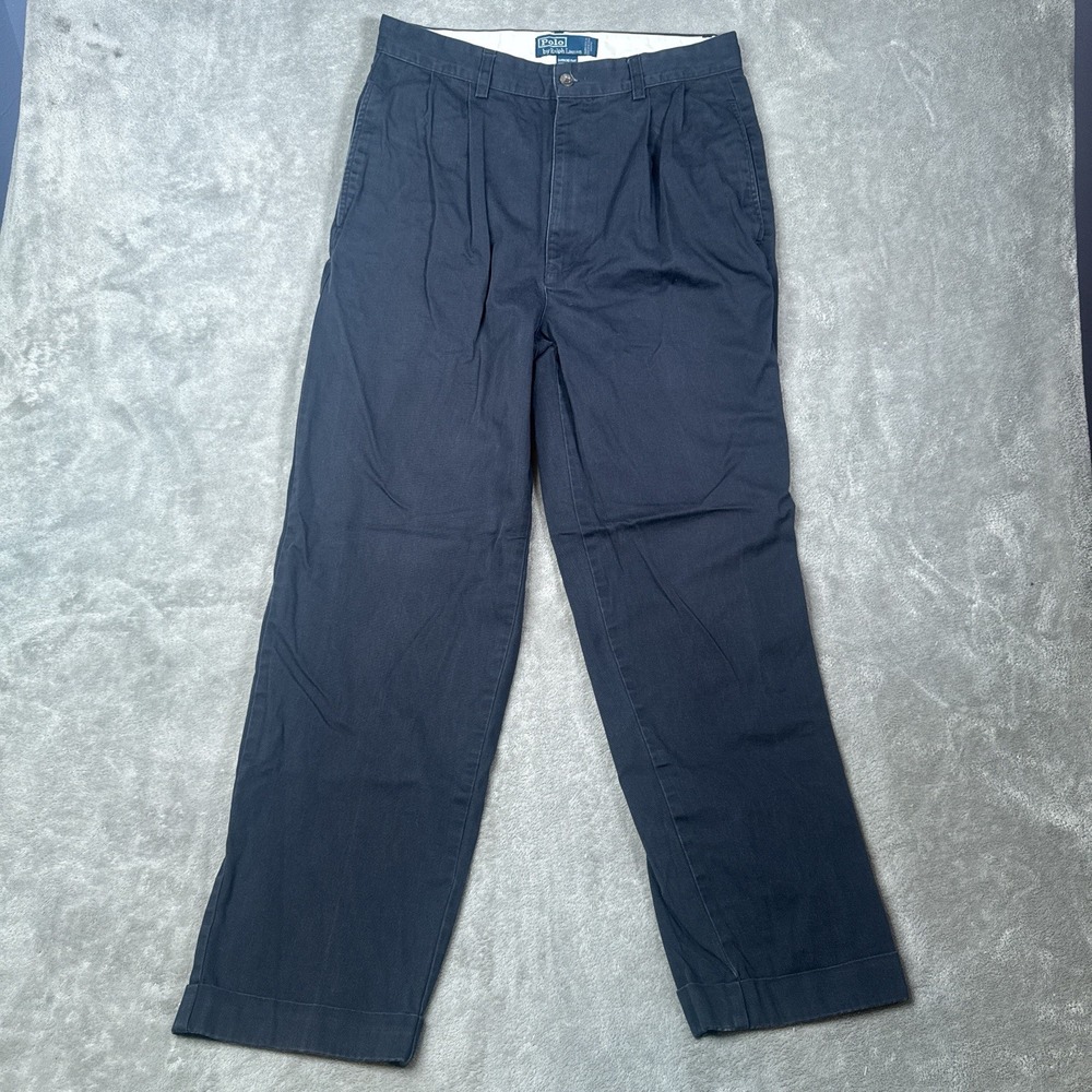 Polo Ralph Lauren Hammond Pants Mens 32x30 Navy Blue Pleated Cuffed Vintage